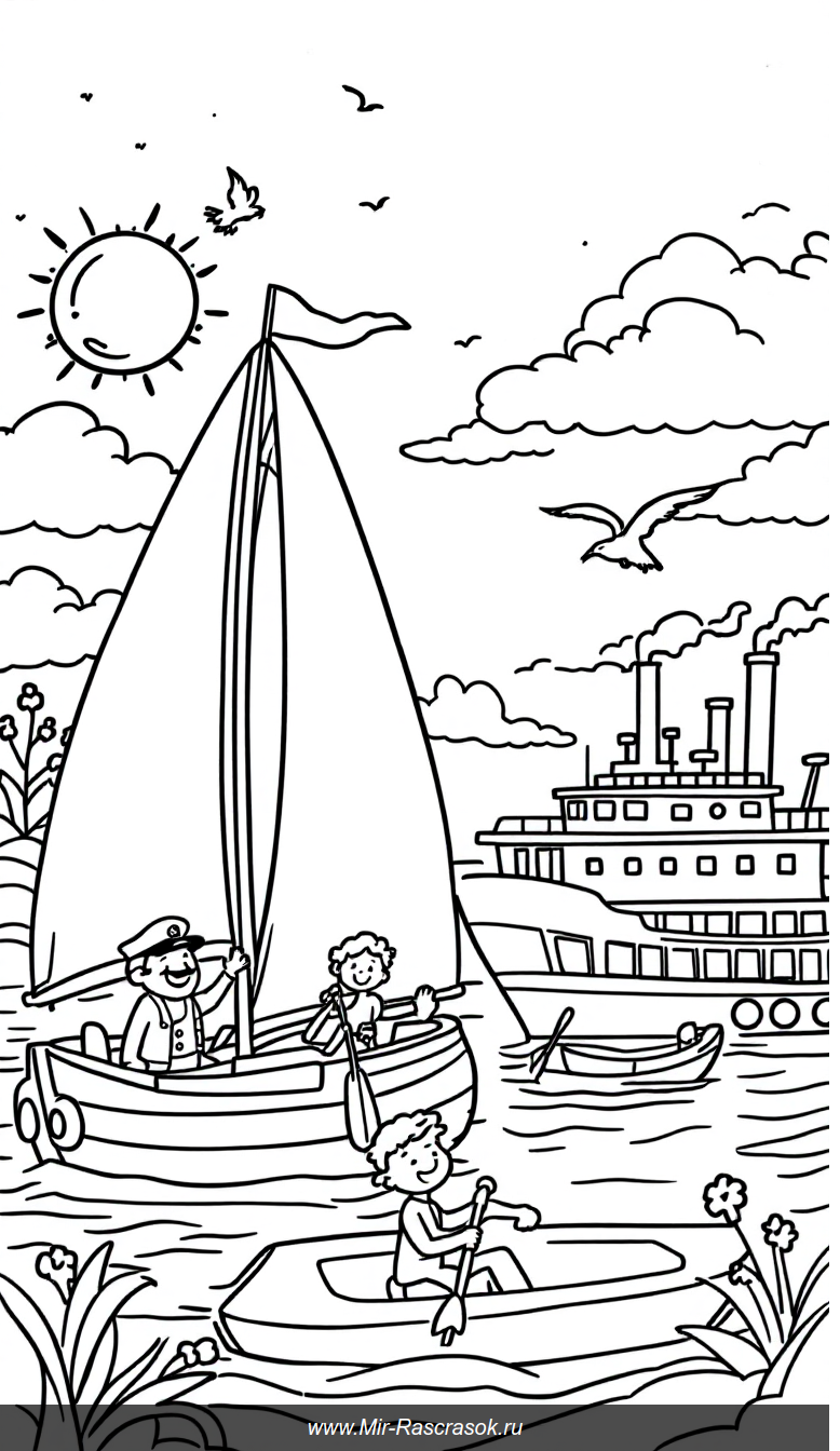 Веселый порт для раскрашивания с парусником капитаном и детьми
