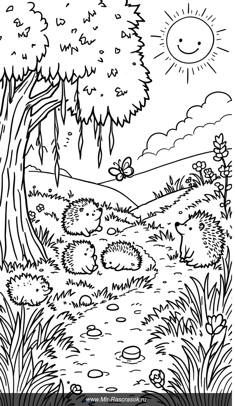 Веселые ежики в солнечном лугу раскраска для детей
