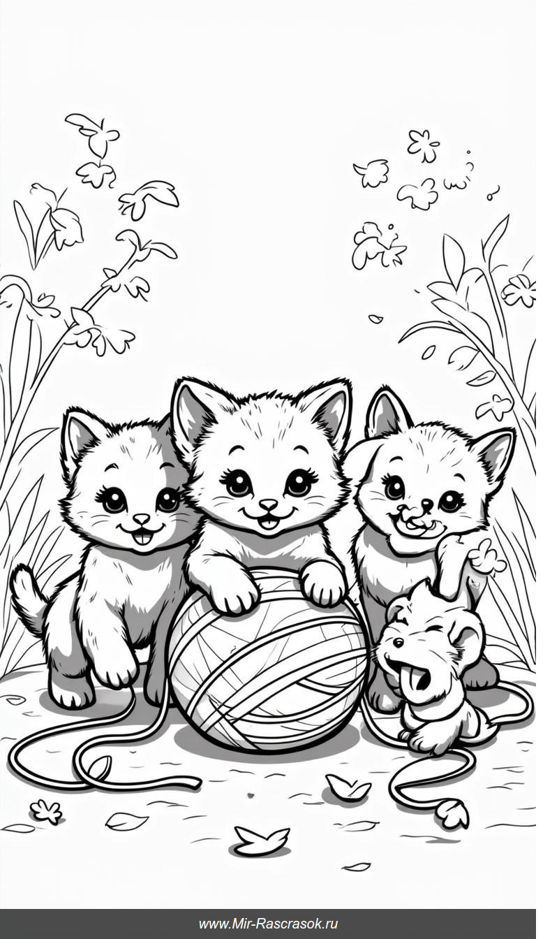 Три котенка в клубке ниток с мышкой