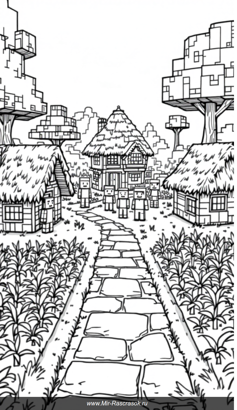 Раскраска дружной деревни Майнкрафт с простыми фигурами для детей