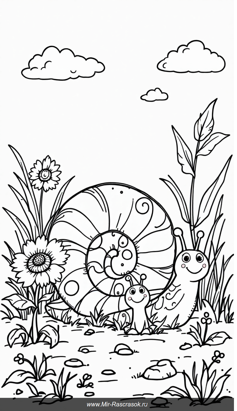 Раскраска для детей Два дружелюбных улитки в саду с простыми узорами