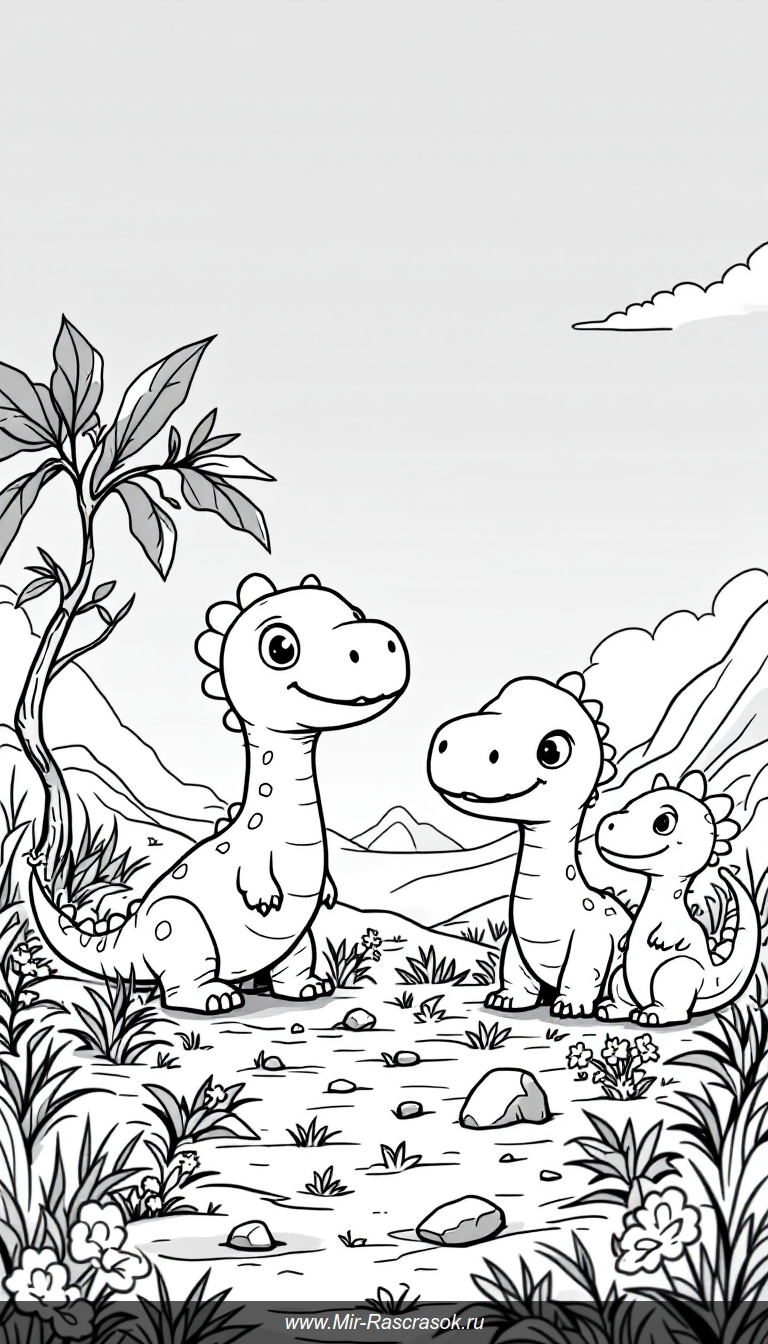 Погрузитесь в мир малышек динозавров с нашей раскраской Это простые дружелюбные сцены с большими глазами и веселыми динозавриками для детей 🦕🌼 Отличное развлечение и развитие творческих навыков для малышей🎨
