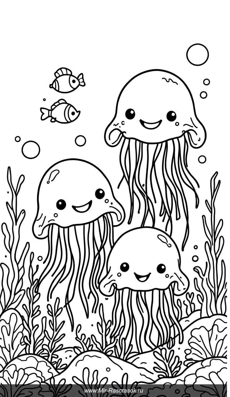 Веселое подводное царство медуз для детской раскраски