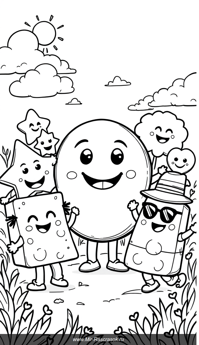 Веселые фигуры из раскраски для детей простые и дружелюбные персонажи