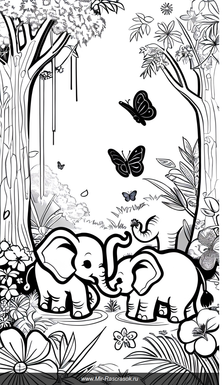 Раскраска с милыми малыми слонами в джунглях