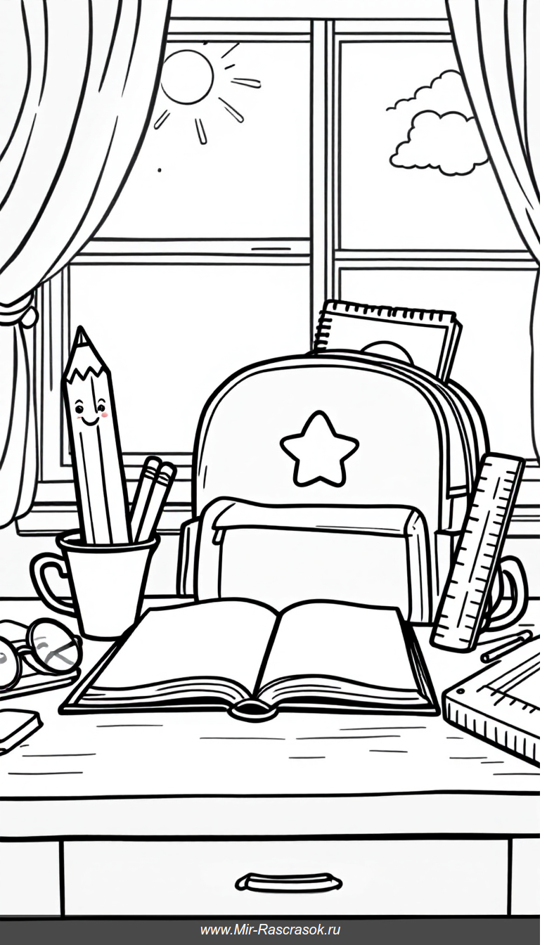 Весёлая школьная сцена для раскрашивания с добрыми героями и солнечным светом
