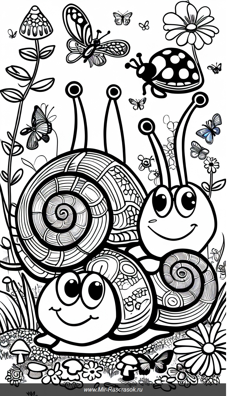 Раскраска с дружелюбными улитками и волшебным садом для творчества