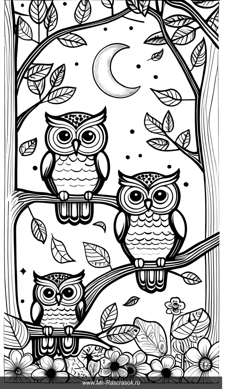 Очаровательные совы на ветках раскраска для творчества