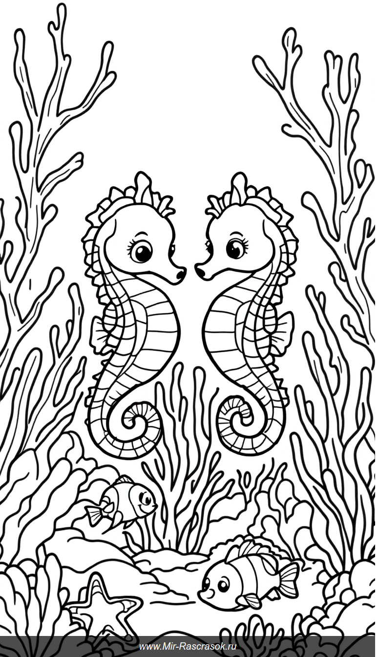 Раскраска подводный мир с милыми морскими коньками и кораллами