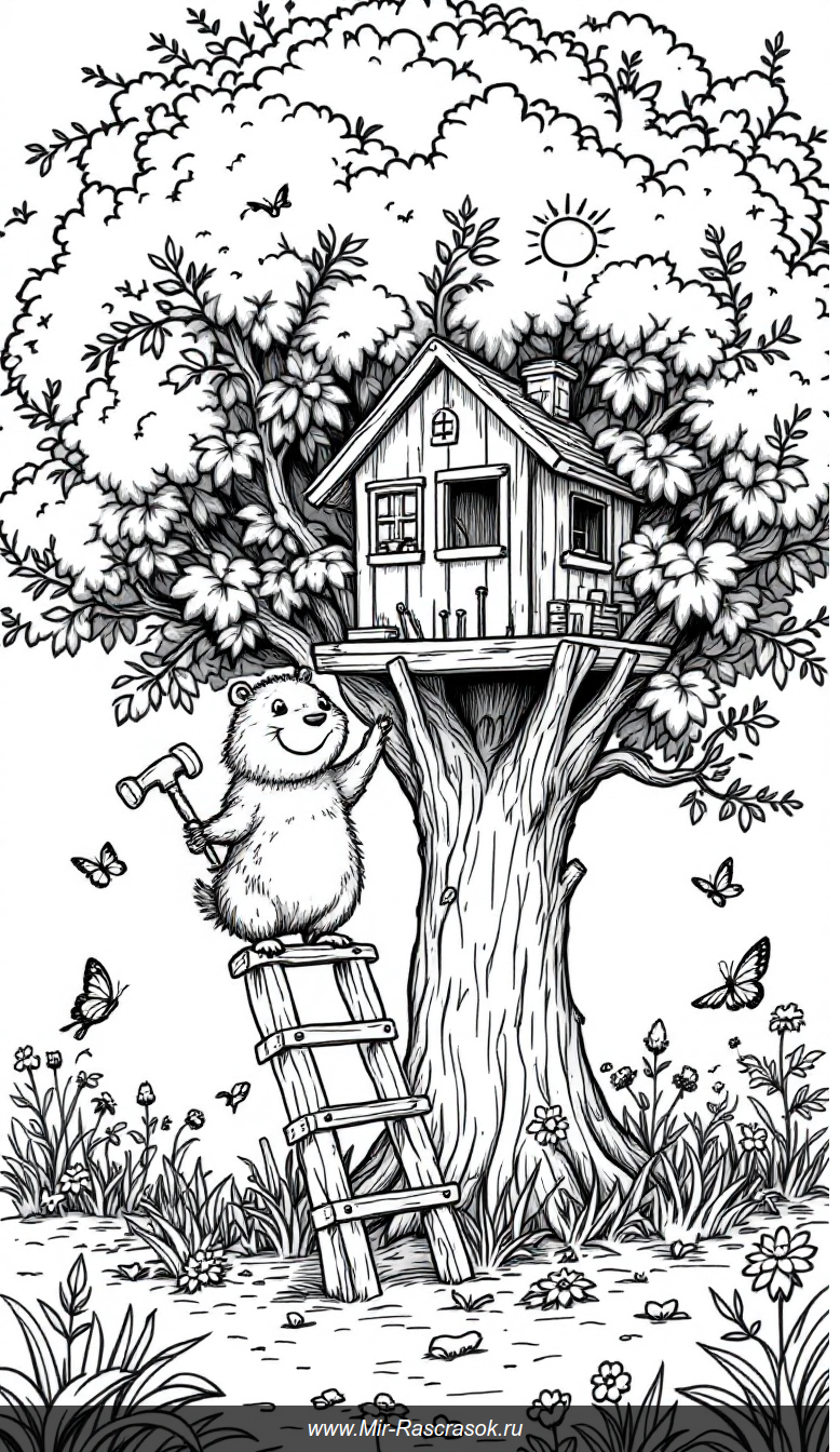 Веселая капибара строит домик на дереве раскраска для детей