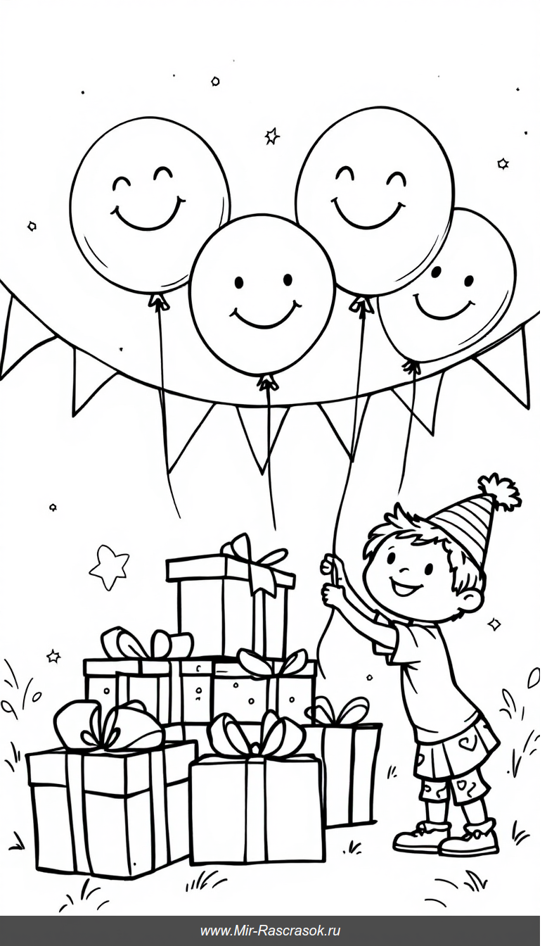Веселый праздник день рождения раскраска для детей с шарами и подарками