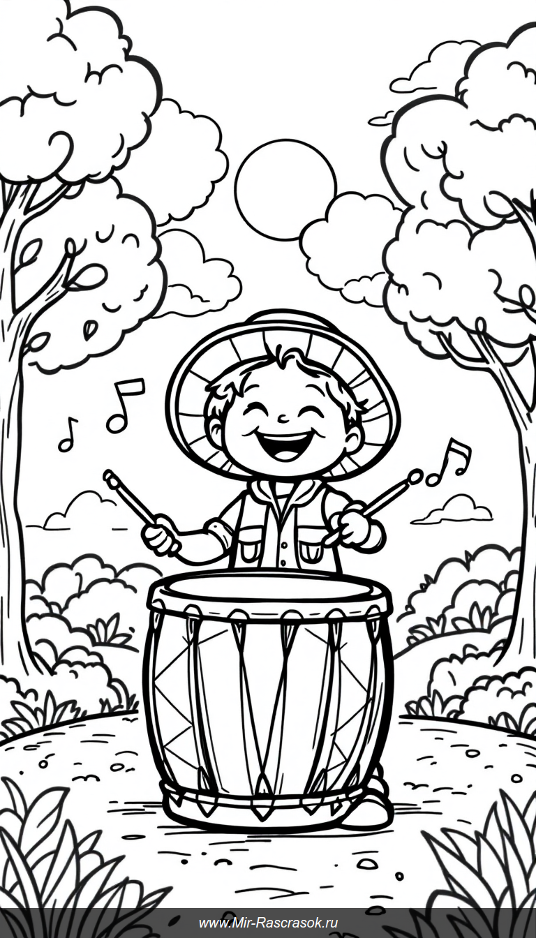 Радостный ребенок играет на большом барабане в парке раскраска для детей