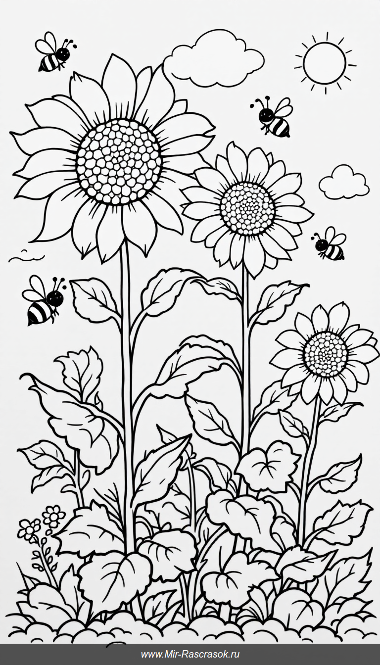 Подсолнухи и пчёлы в летнем саду