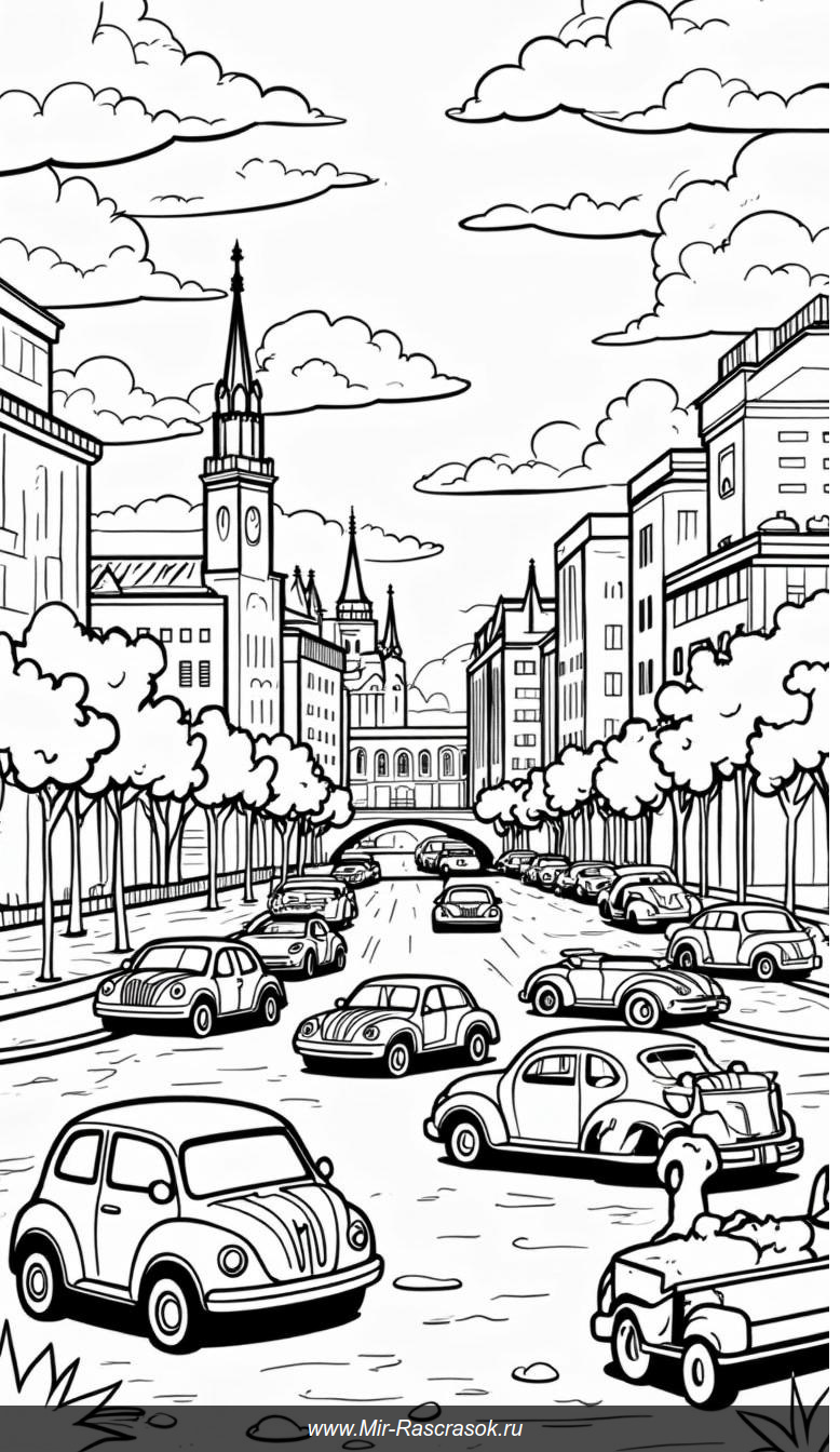 Раскраска яркого городского пейзажа с автомобилями и облаками