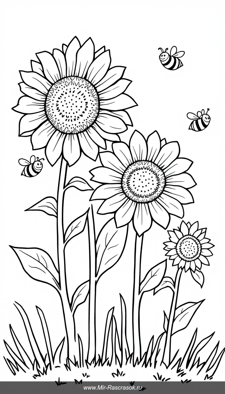 Откройте мир подсолнухов и пчёл с нашей детской раскраской 🌻🐝 Она проста и весела, идеально подходит для маленьких художников 🎨 Развивайте творческие способности и узнавайте природу с каждым мазком цвета 🖍️🌼