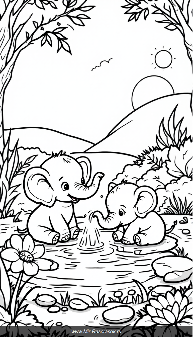 Веселые слонятки играют у пруда раскраска для малышей