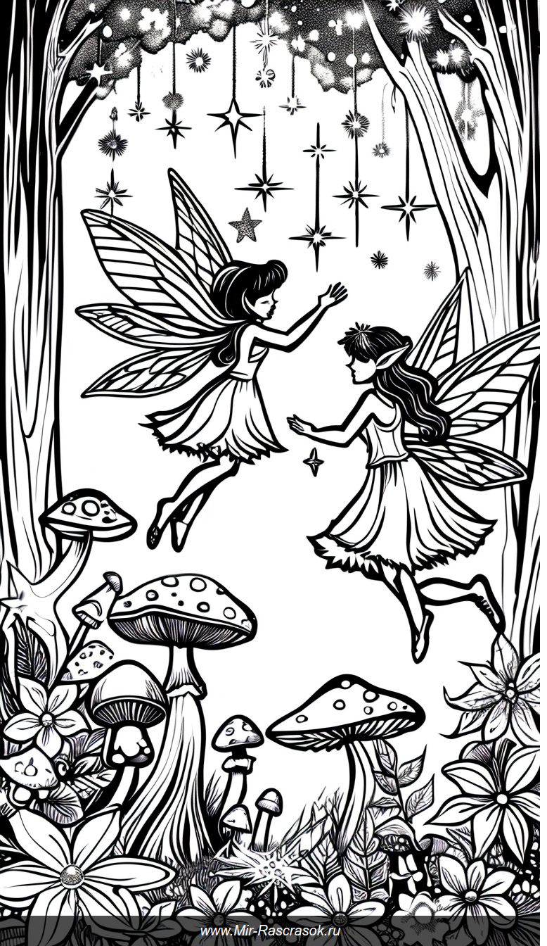 Волшебные феи в заколдованном лесу для раскрашивания и вдохновения