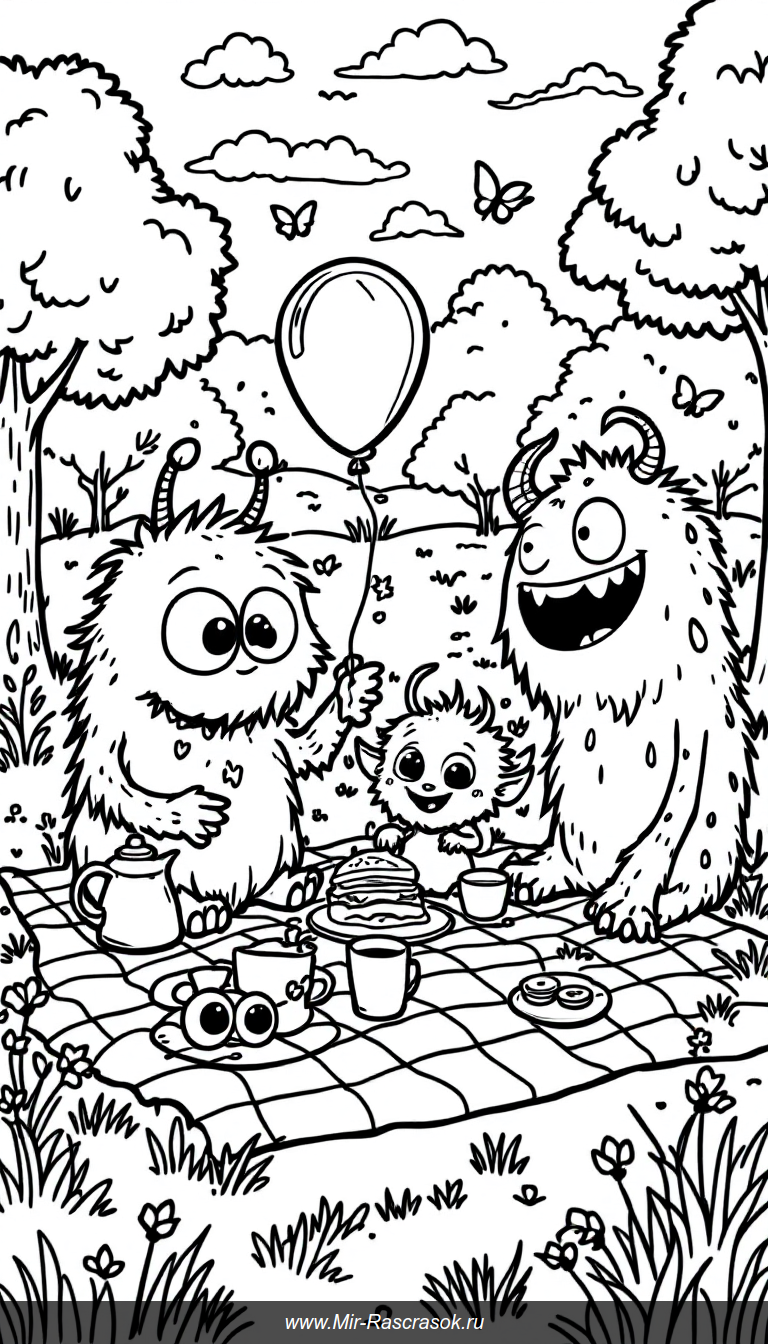 Веселый пикник фантастических монстров для раскрашивания детьми