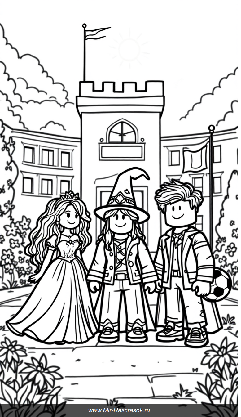 Раскраска с героями Royale High из Roblox в солнечном школьном дворике