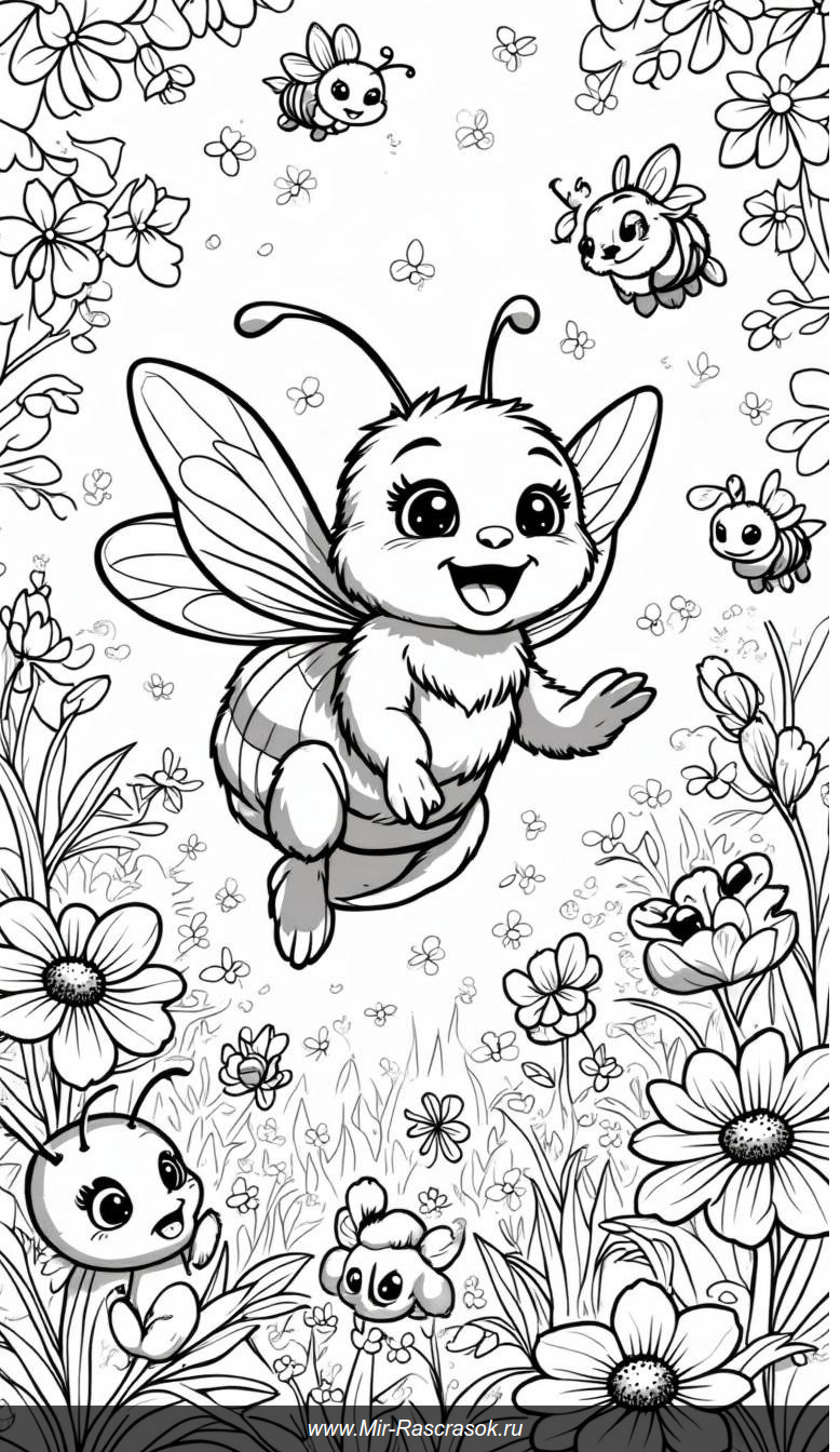 Веселая история пчел в цветочном саду для раскраски