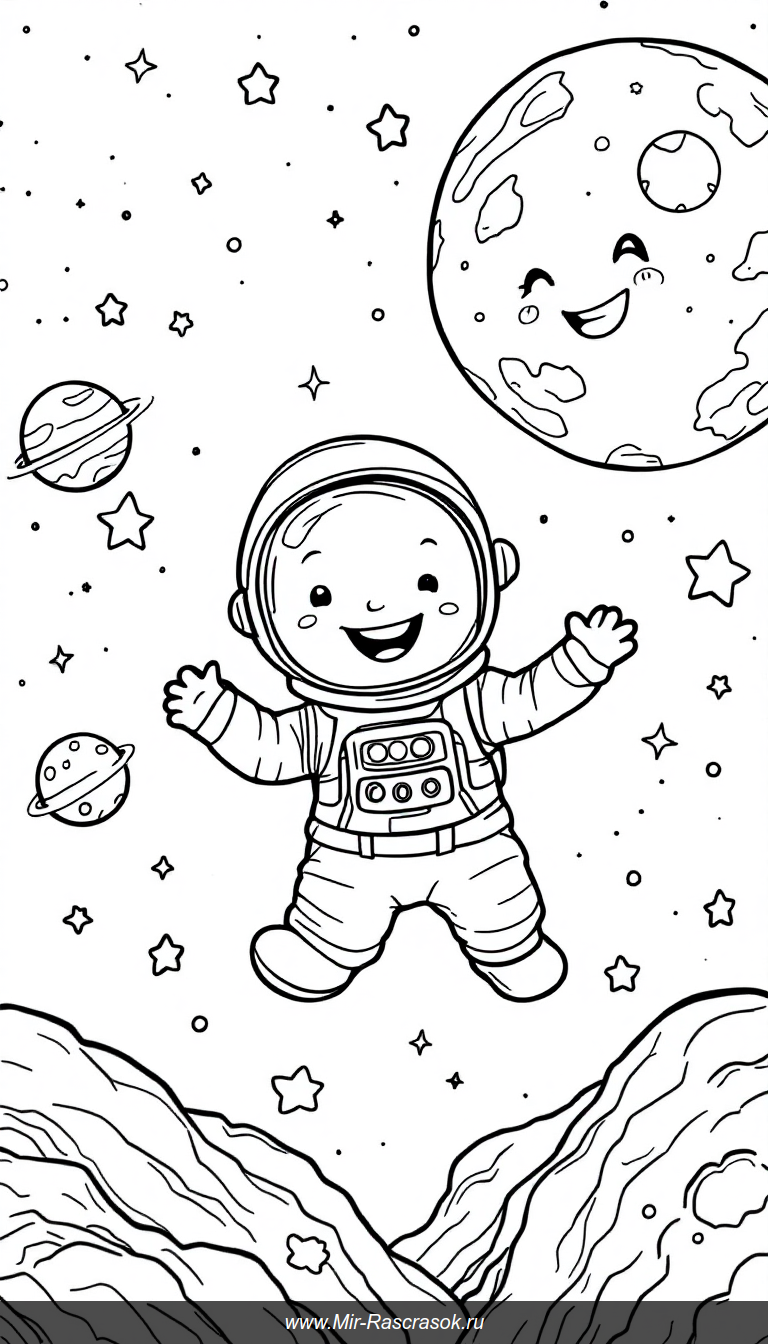 Веселое космическое приключение с улыбающимся астронавтом и планетами для раскрашивания