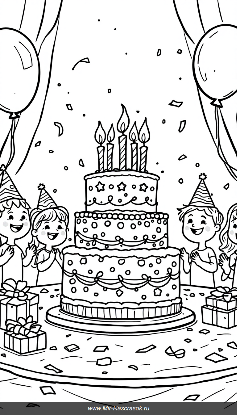 Большой праздничный торт и радостные дети в раскраске для малышей