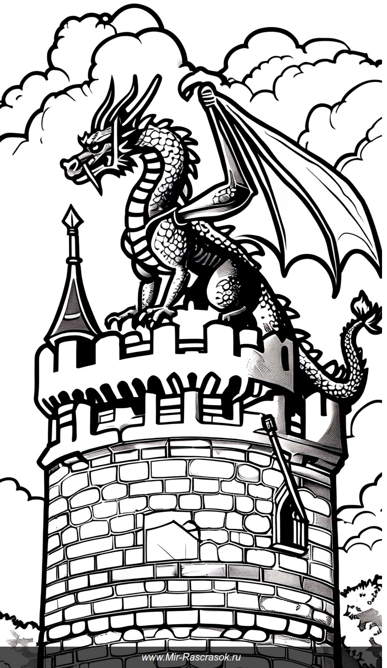 Великолепный дракон и отважный рыцарь на башне замка для раскраски