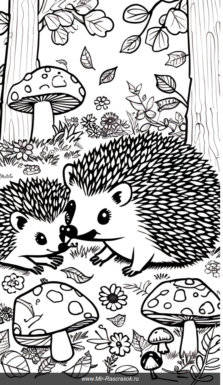 Цветная книга с милыми ежиками в лесу