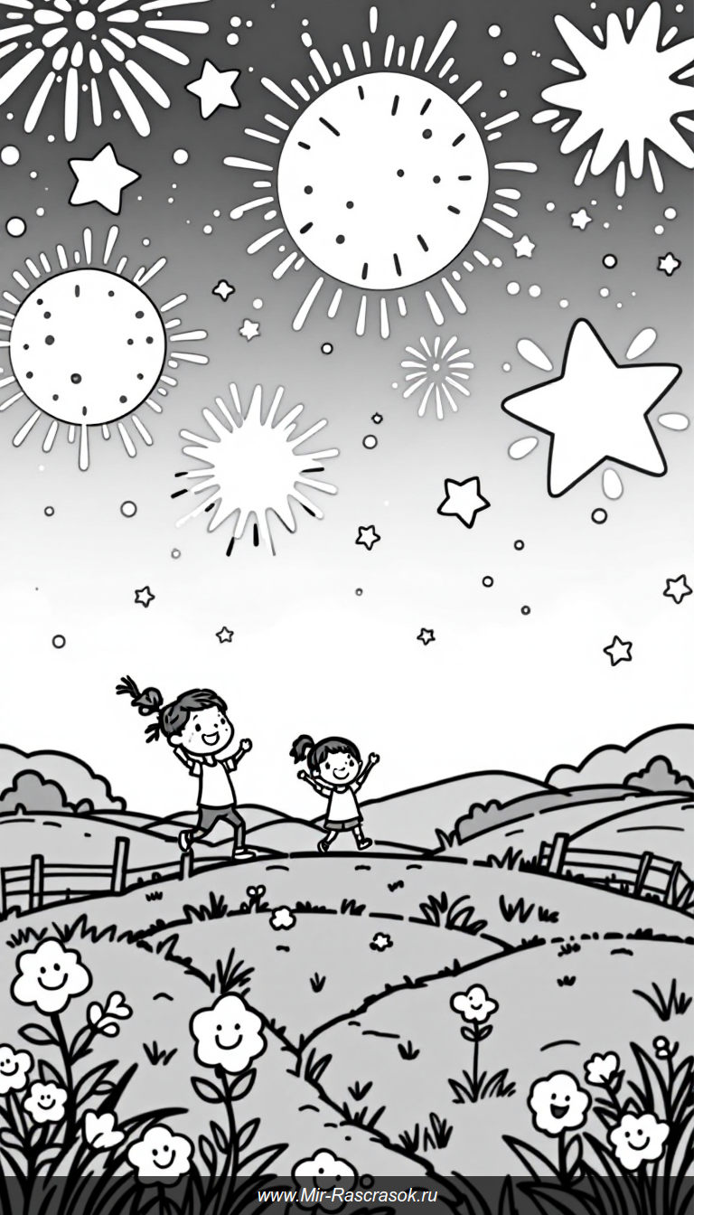 Веселый ночной праздник с фейерверками для детской раскраски