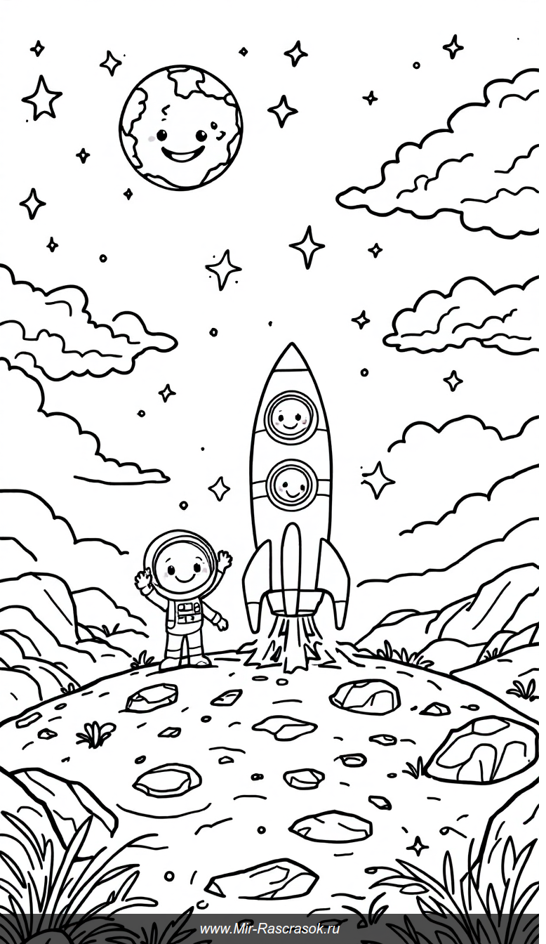 Радостная космическая раскраска с дружелюбной лунной экспедицией