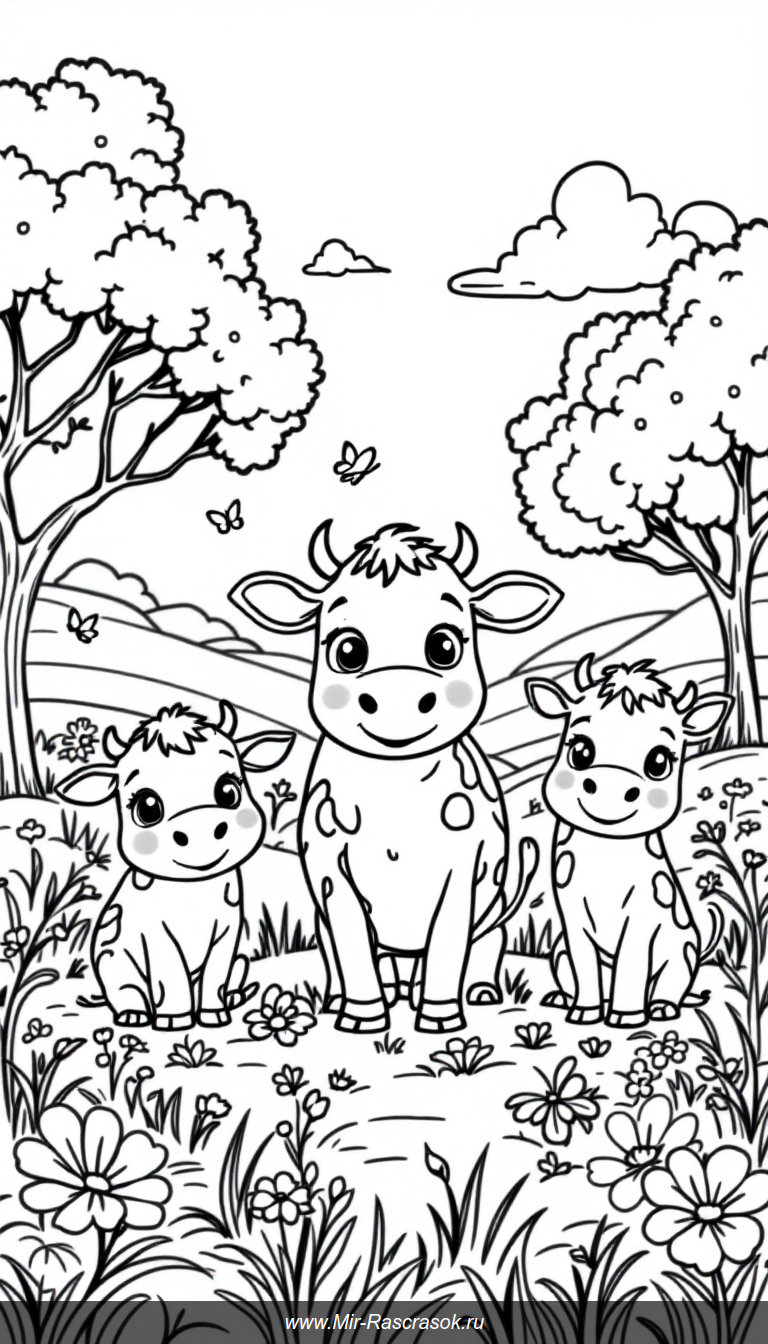 Веселые коровы для детской раскраски