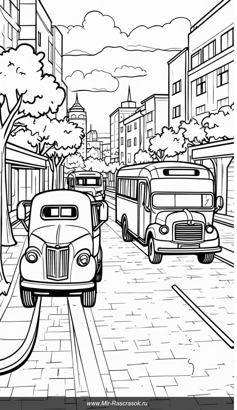 Раскраска Городской Улица с Автобусами и Грузовиками