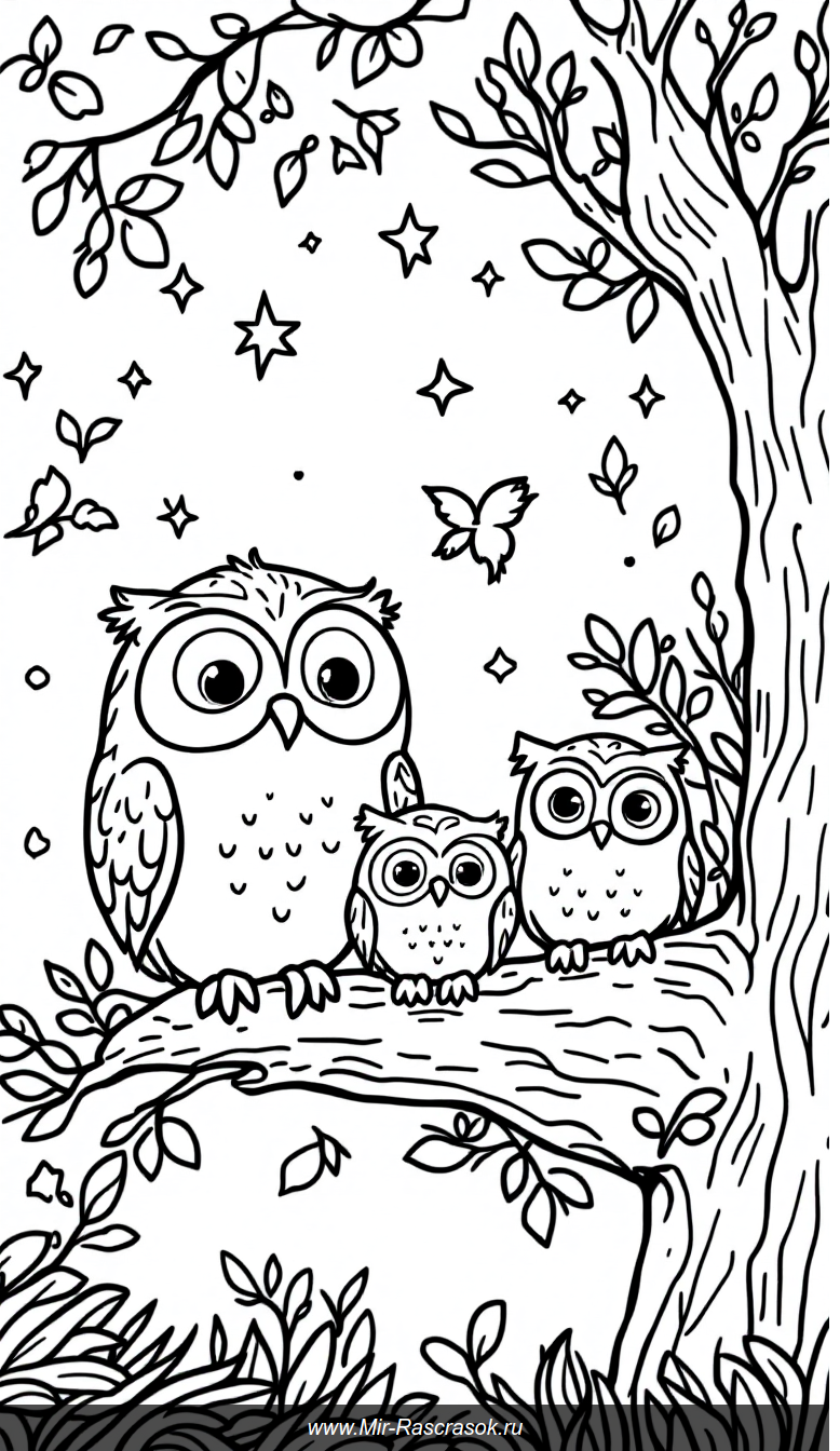 Семья сов на ветке уютная раскраска для детей