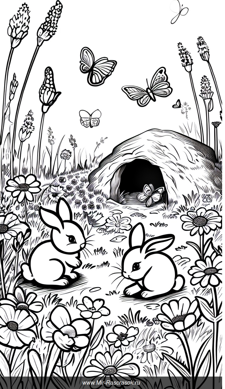 Раскраска с веселыми зайчиками в цветущем лугу и бабочками