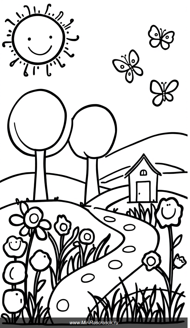 Весёлый сад для раскрашивания Простая и яркая детская раскраска