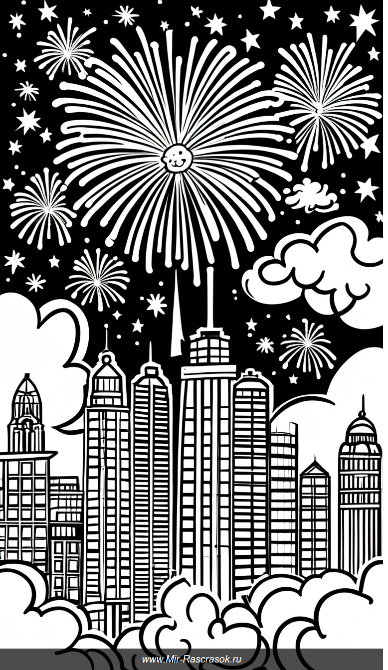 Раскраска ночного города с фейерверками и звездным небом