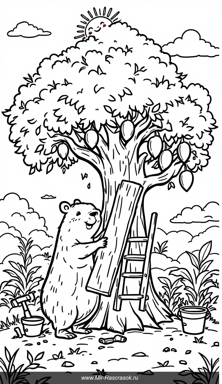 Веселая капибара строит домик на дереве в раскраске для детей