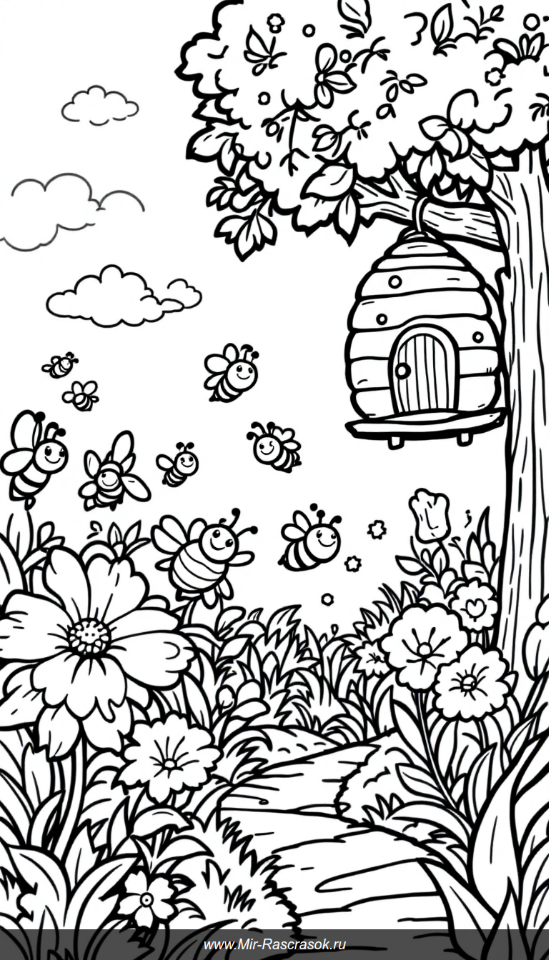 Веселые пчелки в саду: раскраска для развития творчества детей