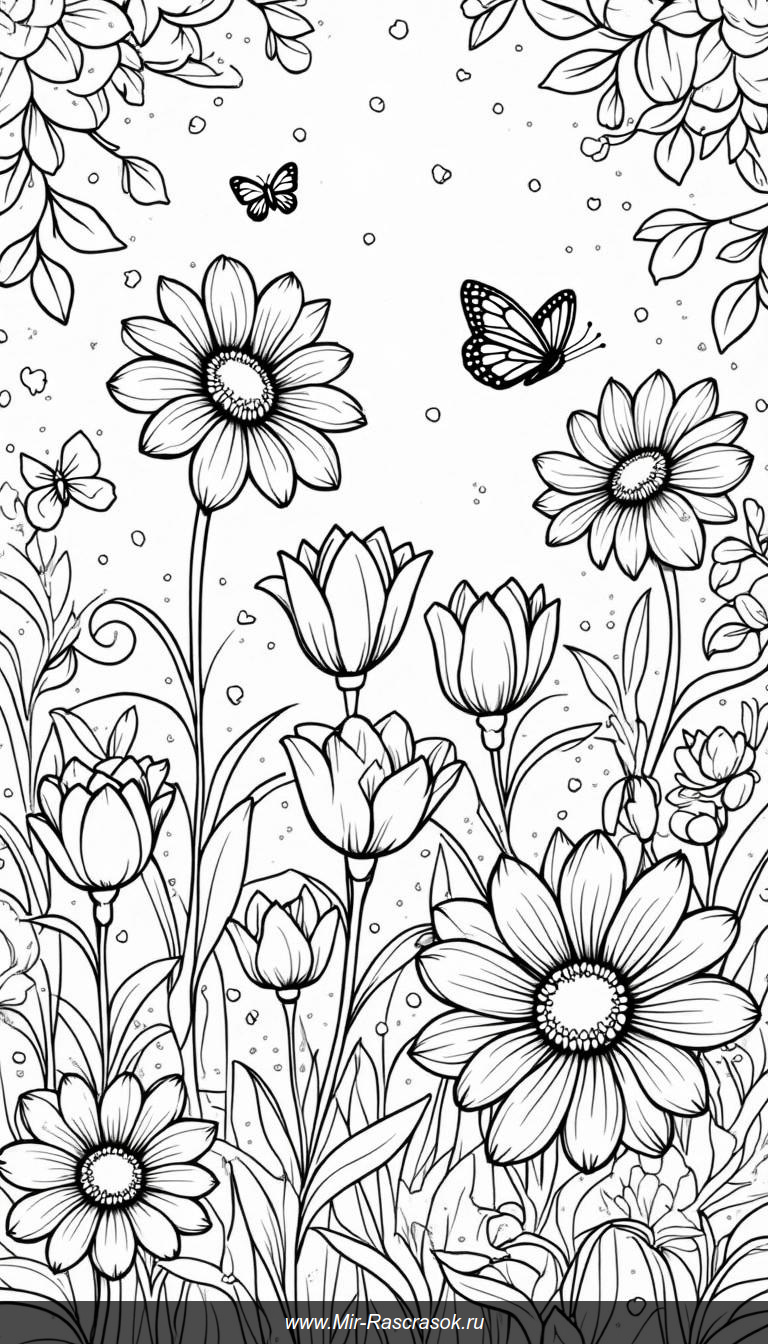 Раскраска для детей Цветы и бабочки для творчества