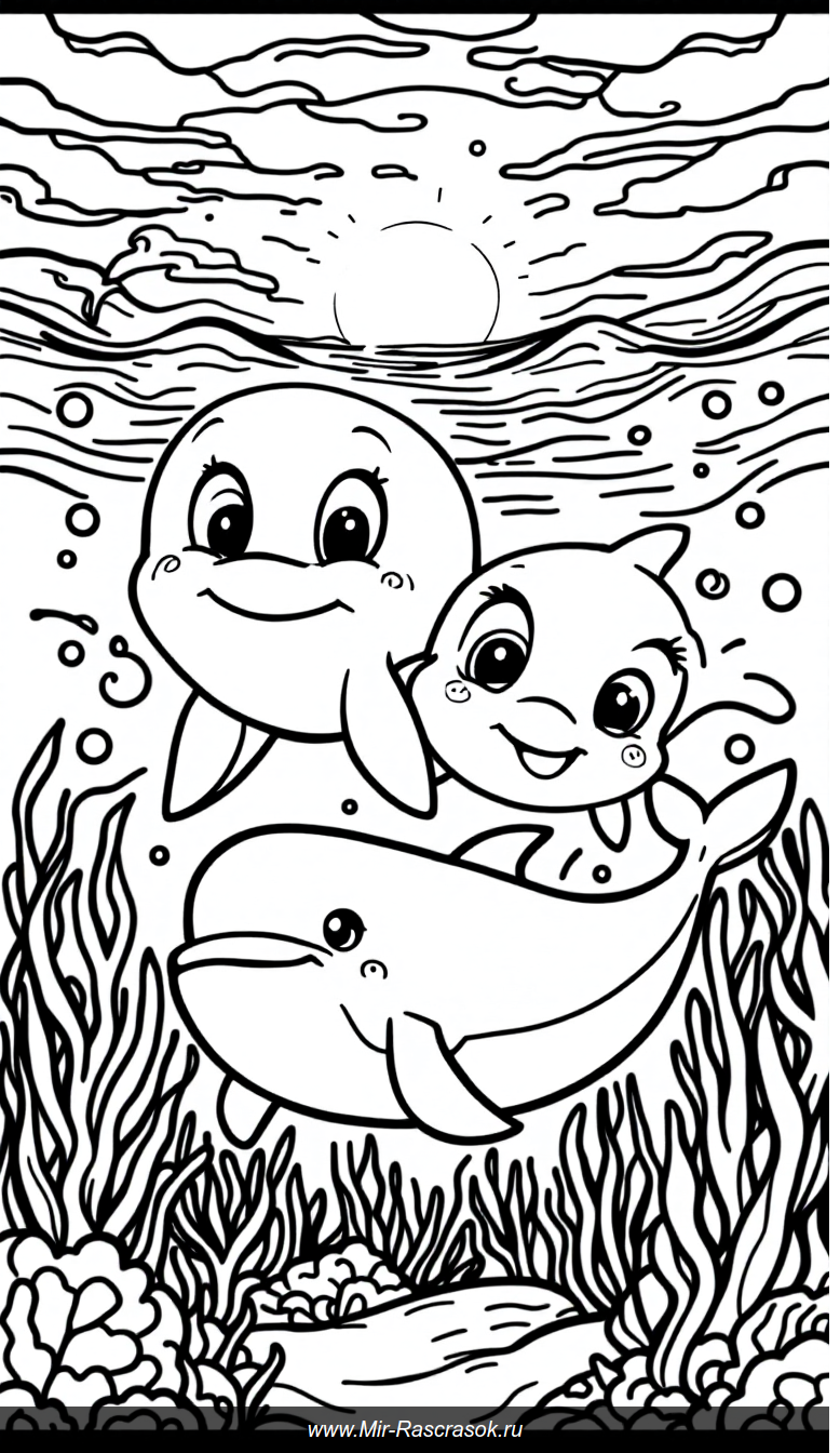 Радостный подводный мир дельфинов и китов для детской раскраски