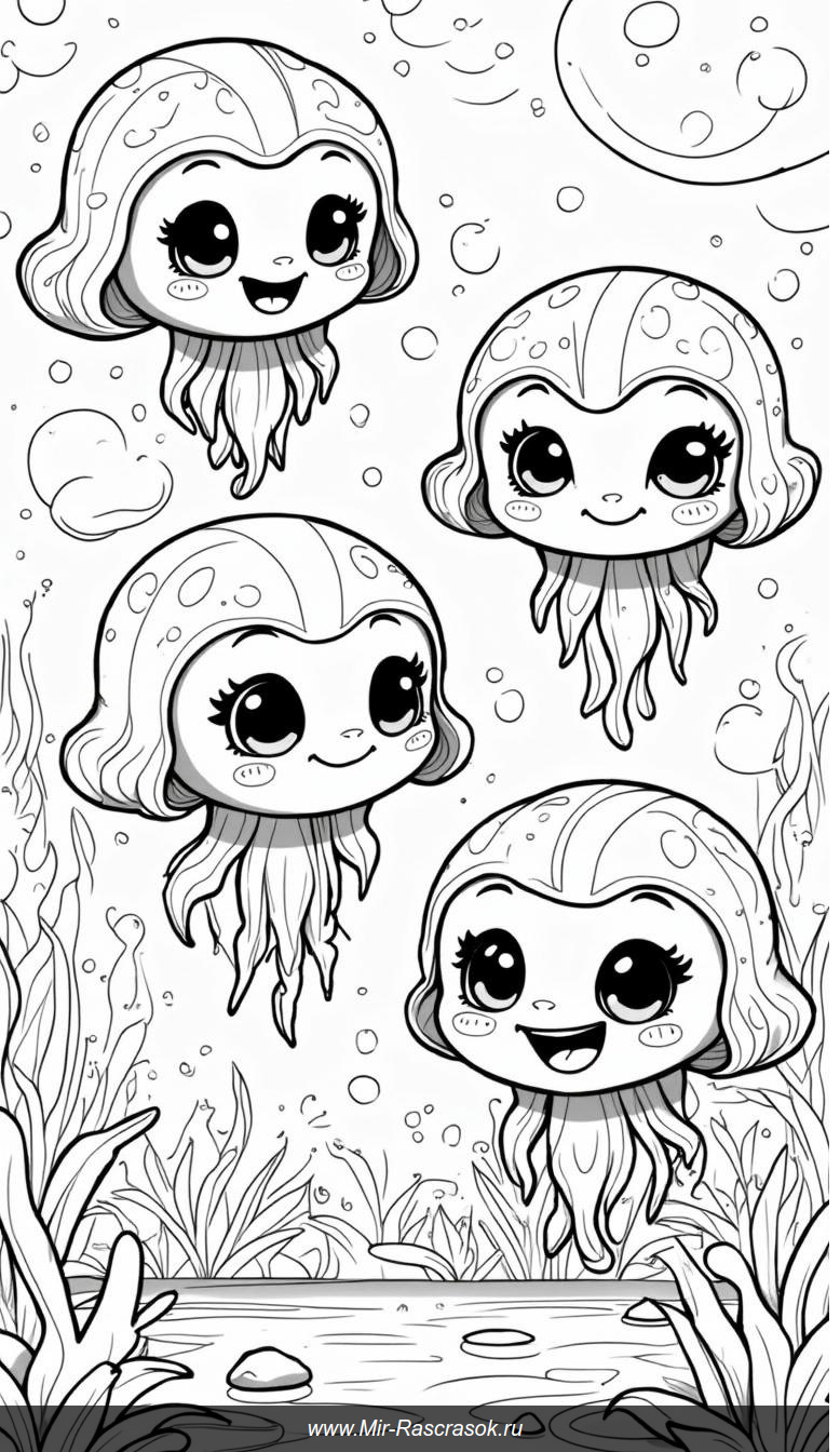 Раскраска с улыбающимися медузами