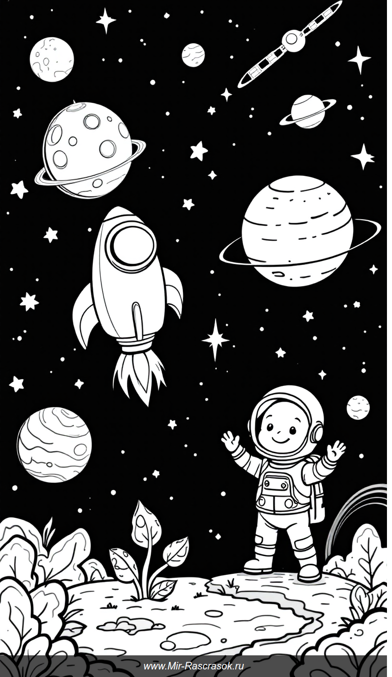 Дружелюбное космическое приключение для малышей с раскраской звезд и планет