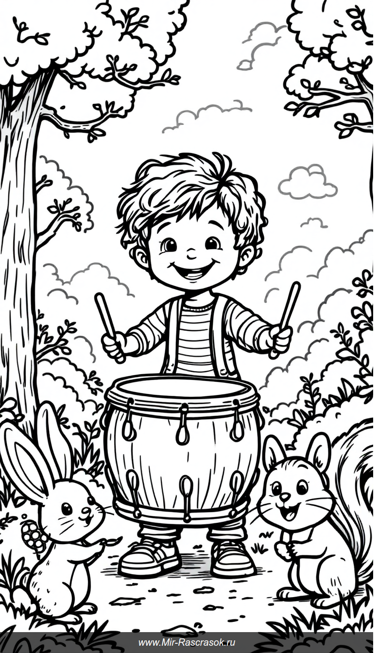 Веселый ребенок с барабаном и друзьями в раскраске для детей