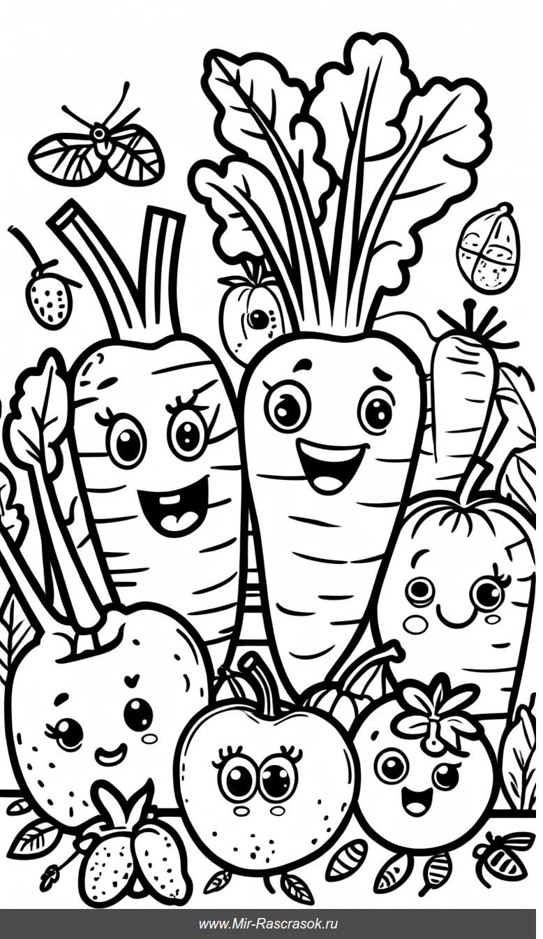 Раскраска с веселыми фруктами и овощами в саду для детей