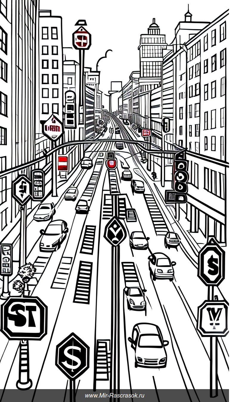 Раскраска с оживленной городской улицей и дорожными знаками для детей