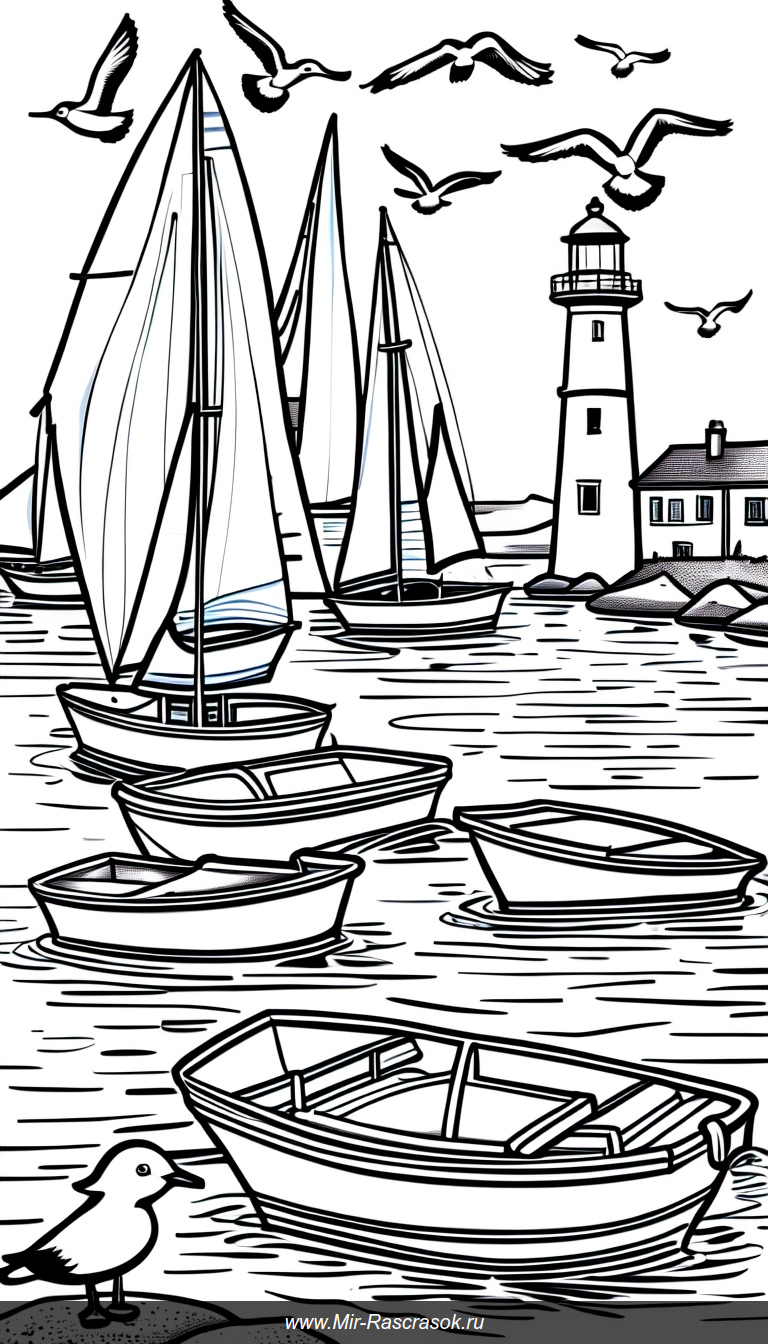 Раскраска с тихой гаванью и парусными лодками на спокойной воде