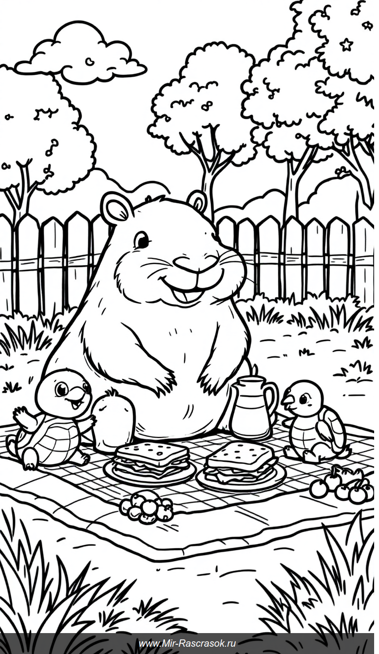 Весёлая раскраска с капибарой и друзьями на пикнике в парке