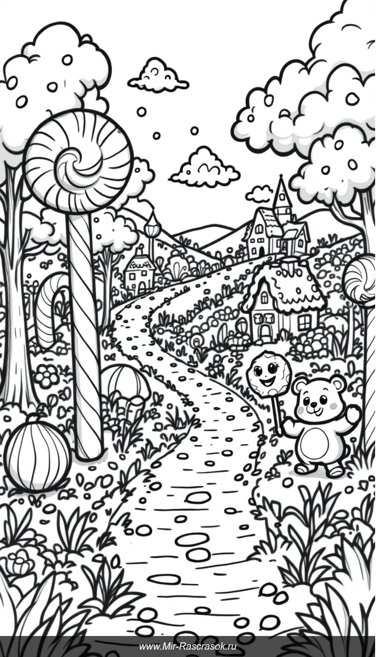 Волшебная страна сладостей раскраска с пряничными домиками и конфетными деревьями