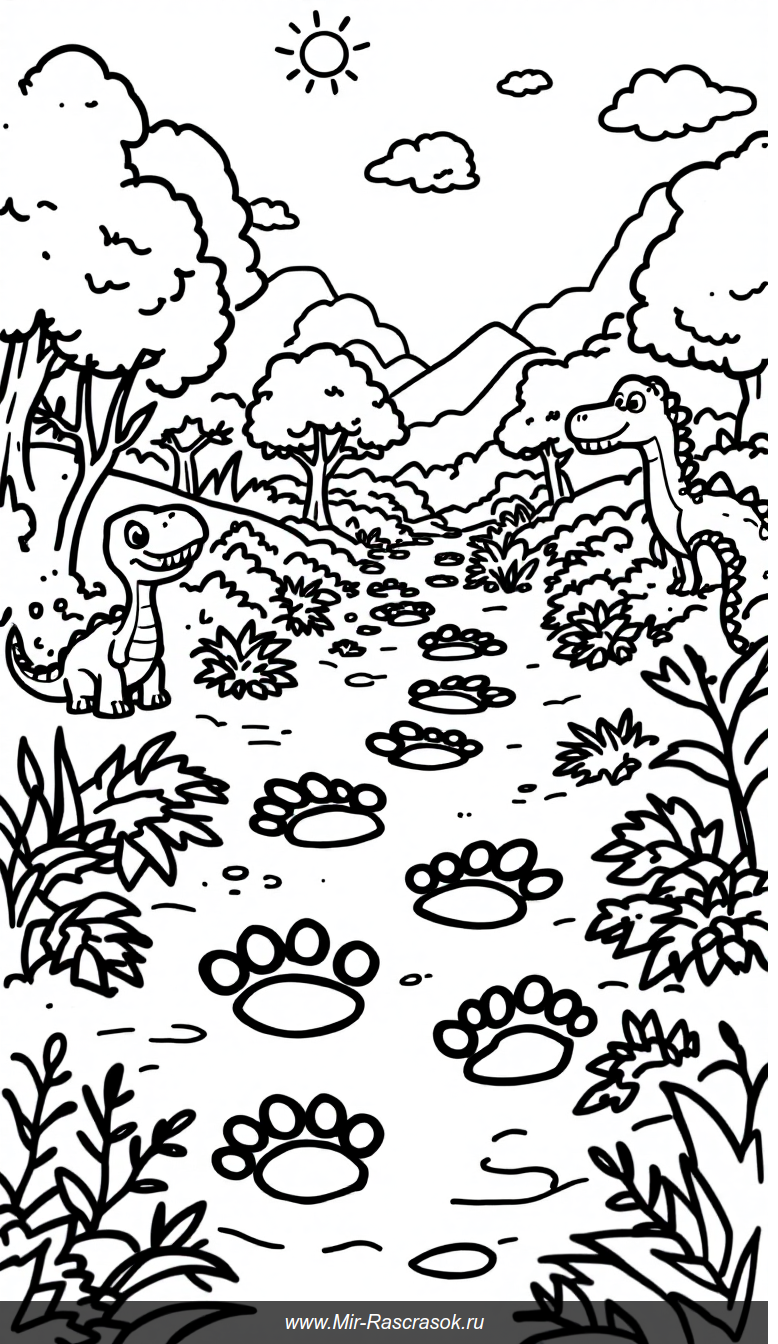 Детская раскраска с большими следами динозавров в дружелюбном лесу