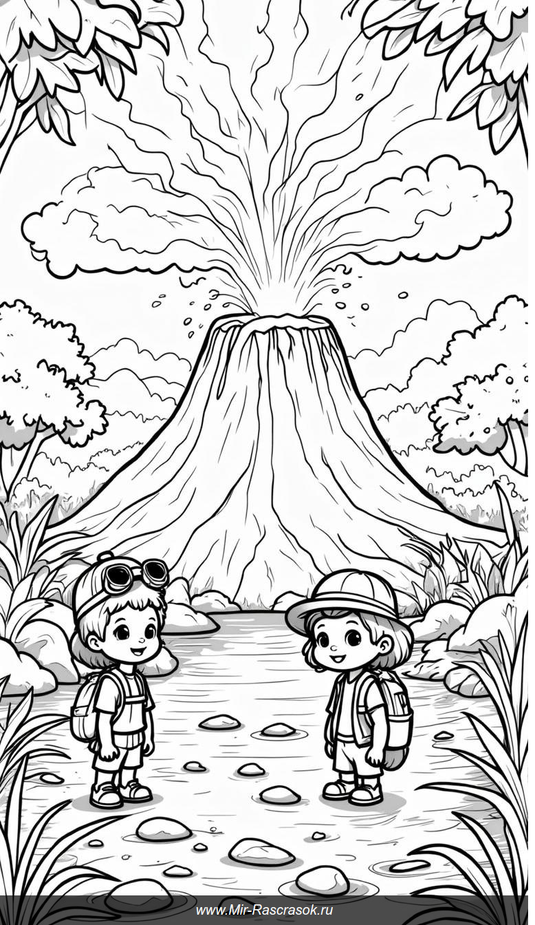 Вулкан и исследователи: раскраска с приключениями